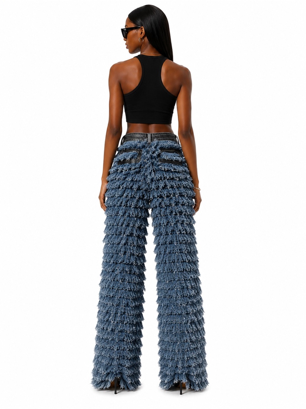 Aphrodite 07 Fringe Shaggy Denim Jeans Blue Statement Wide Leg Pants, NWT - Picture 4 of 7
